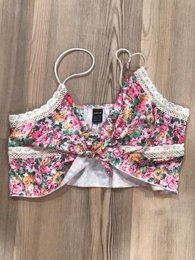 SHEIN Pink Floral Crochet-Trim Tie-Front Crop Cami
